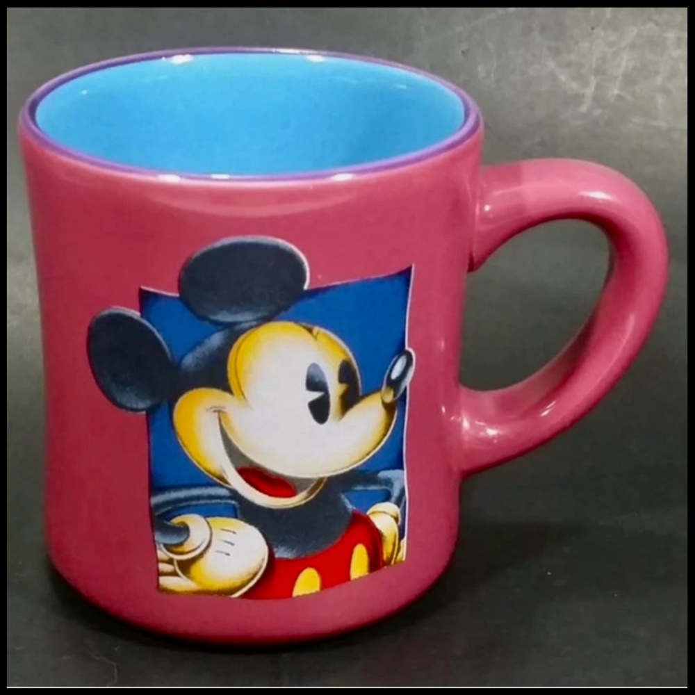Disney Mickey Mouse Dark Pink Drink Cup Coffee Mug Blue Inside Vintage Aprx 14oz